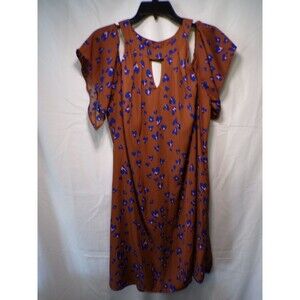 Winslow Women's Brown Floral Mini Dress 2X Short Sleeve Keyhole Neck Flutter